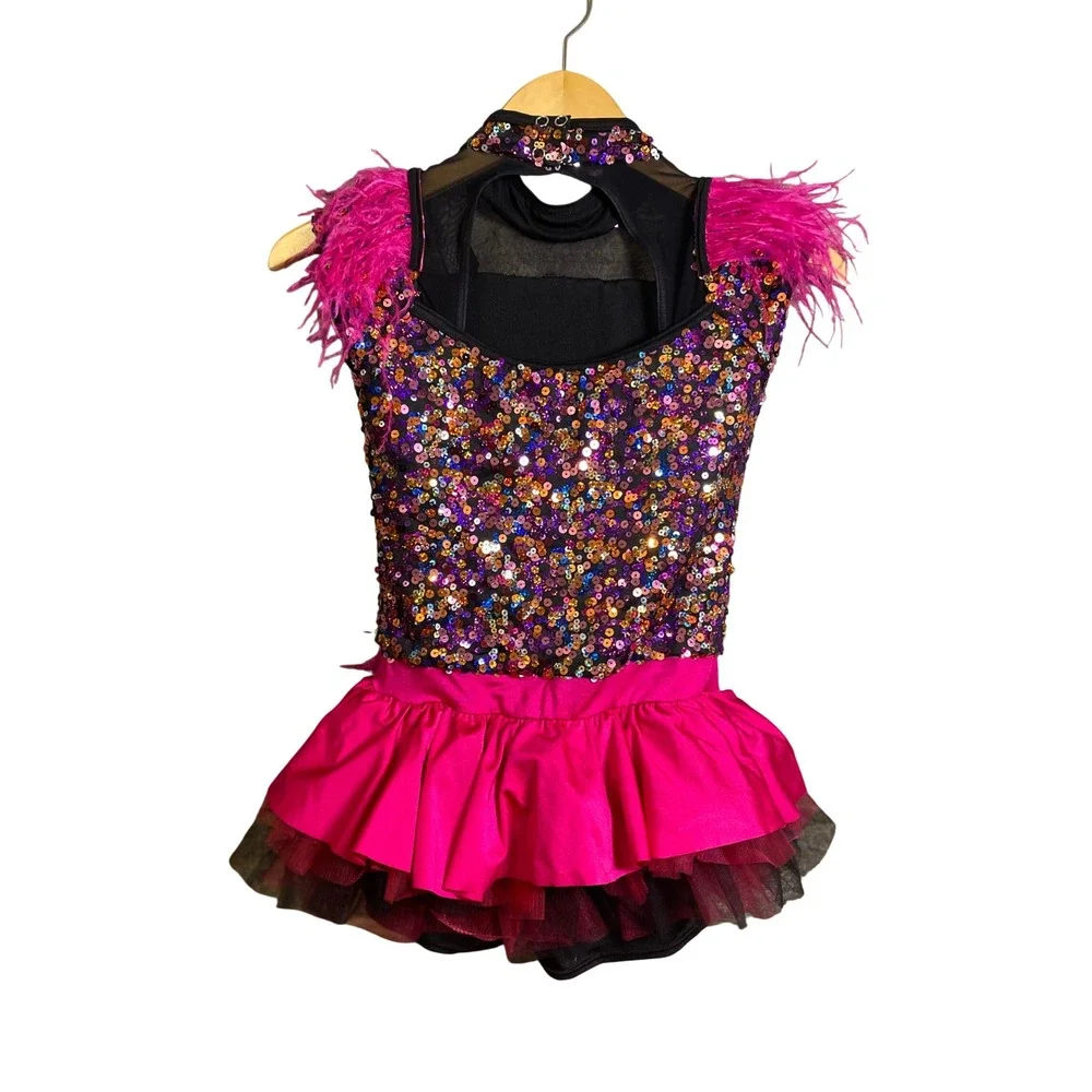 Weissman Kids Large LC Sequin Feather Dance Costume Dress Pink Black 11477